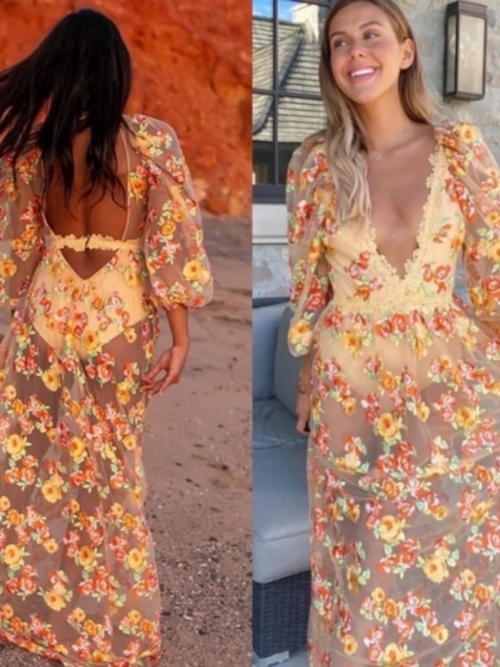 For Love And Lemons Sheer Floral Maxi Dress in Yellow and Orange Winnie Dress